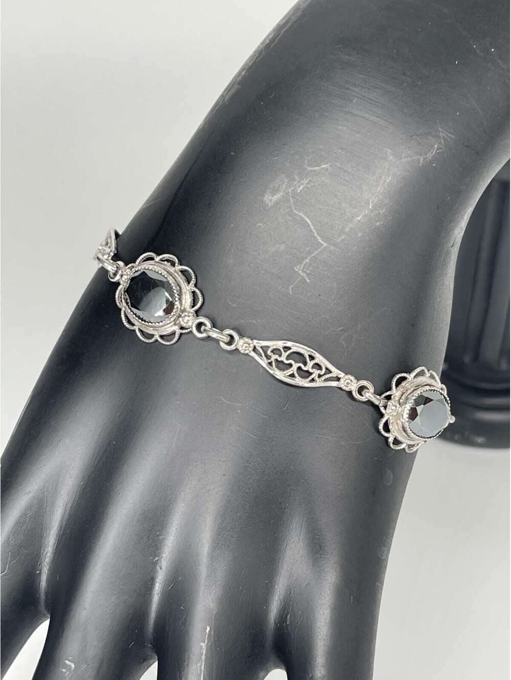 VTG AMCO Sterling Silver Black Glass Filigree Bracelet Signed
